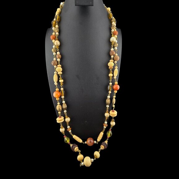 Unknown Jewelry - Vintage Double Strand Multicolor Beggars Beads Necklace 36" Opera Boho